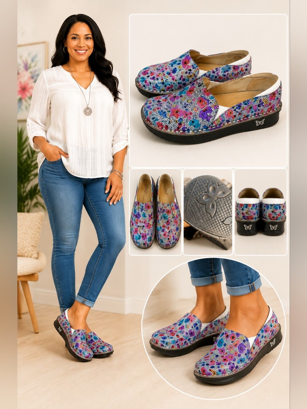 Alegria Debra Watercolor Blooms Leather Comfort Clogs | Floral Slip-On Platform